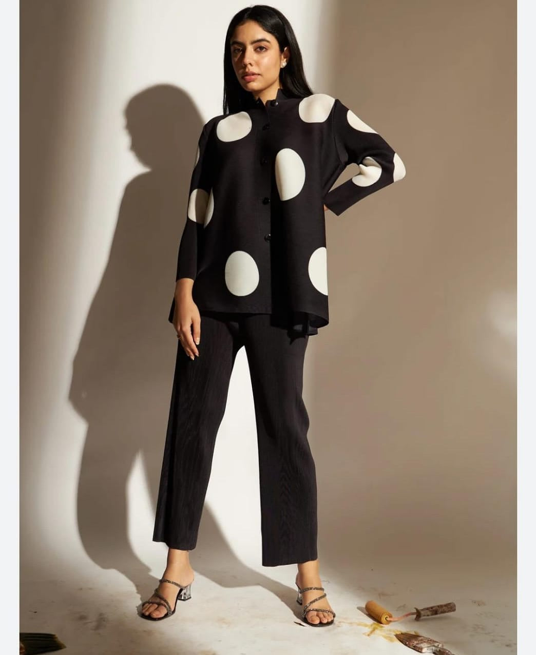 Pleated Polka Dot Top And Wide Leg Pant Set